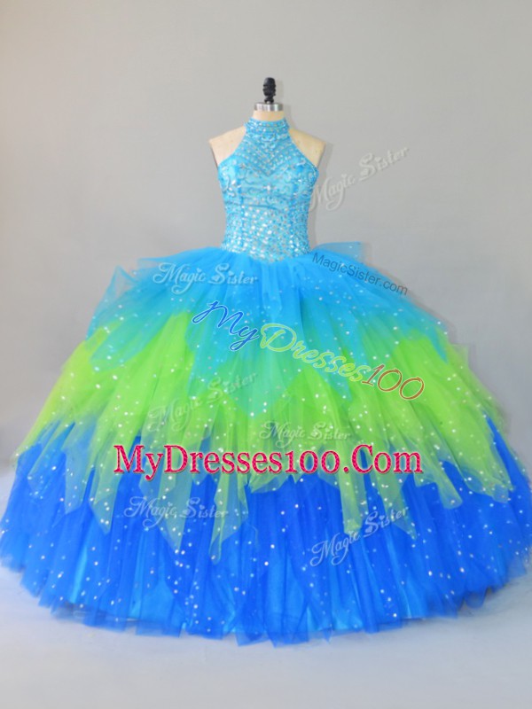 Luxury Multi-color Sleeveless Floor Length Beading and Ruffles Lace Up Quinceanera Dress