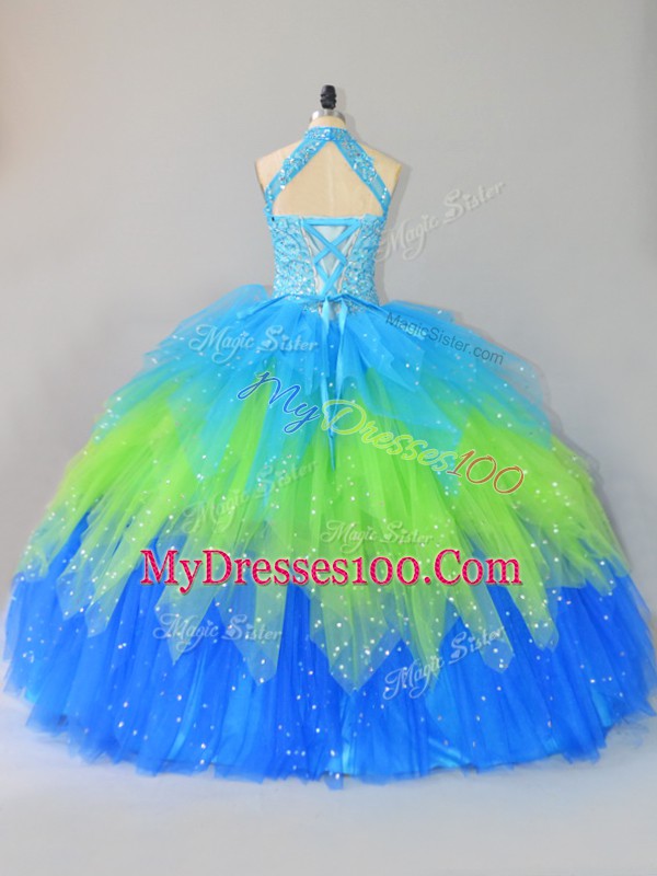 Luxury Multi-color Sleeveless Floor Length Beading and Ruffles Lace Up Quinceanera Dress