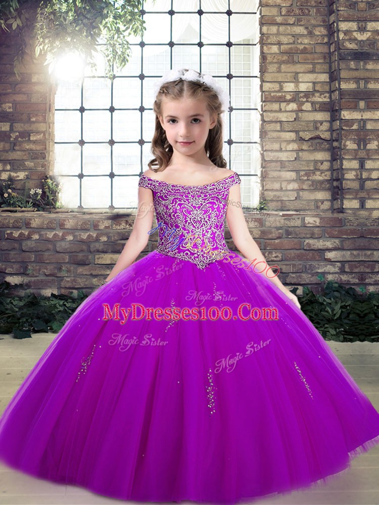 Wonderful Off The Shoulder Sleeveless Tulle Kids Formal Wear Appliques Lace Up