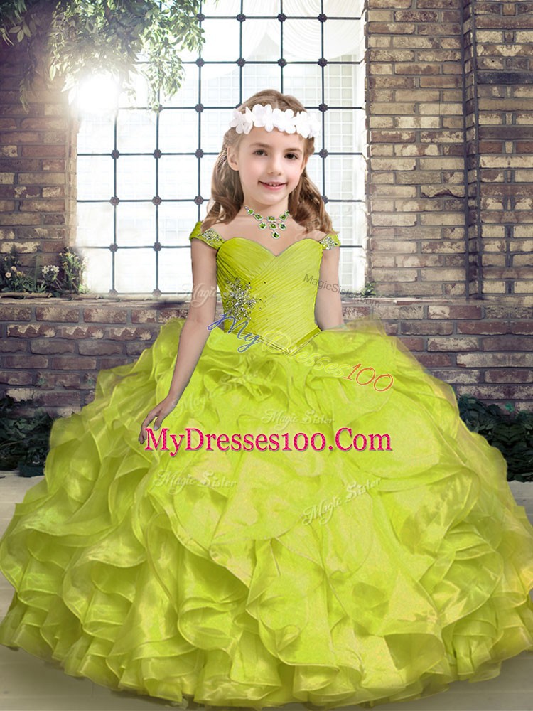 Stunning Spaghetti Straps Sleeveless Girls Pageant Dresses Floor Length Beading and Ruffles and Ruching Yellow Green Organza