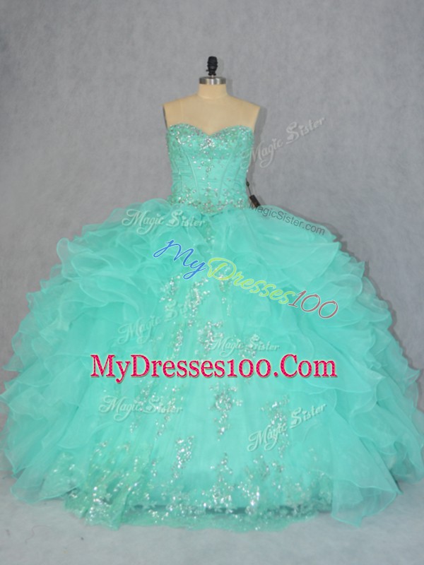 Designer Organza Sweetheart Sleeveless Lace Up Beading and Ruffles Quinceanera Dresses in Apple Green