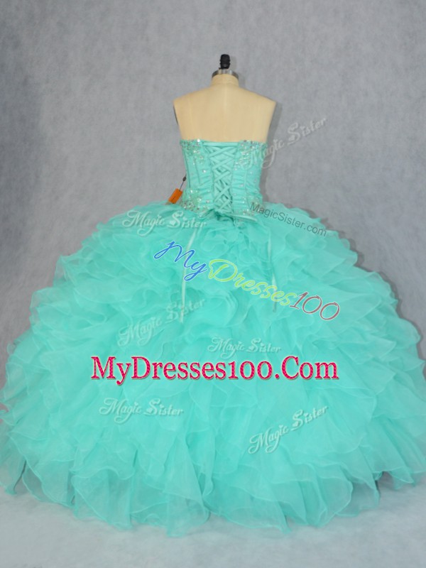 Designer Organza Sweetheart Sleeveless Lace Up Beading and Ruffles Quinceanera Dresses in Apple Green