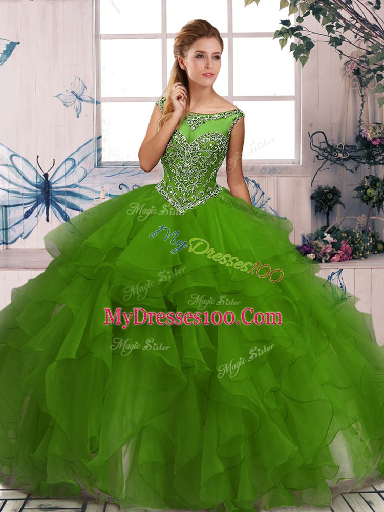 Green Organza Zipper Quinceanera Gowns Sleeveless Floor Length Beading and Ruffles