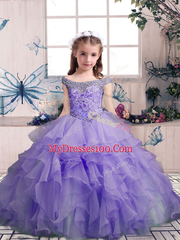 Lavender Off The Shoulder Neckline Beading and Ruffles Kids Formal Wear Sleeveless Lace Up