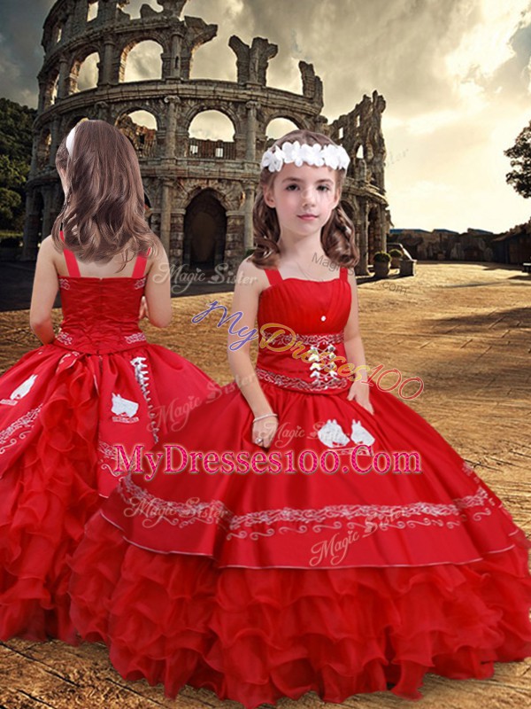 Red Straps Neckline Embroidery and Ruffled Layers Child Pageant Dress Sleeveless Zipper