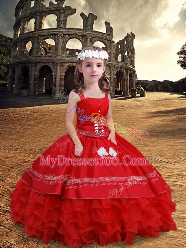Red Straps Neckline Embroidery and Ruffled Layers Child Pageant Dress Sleeveless Zipper