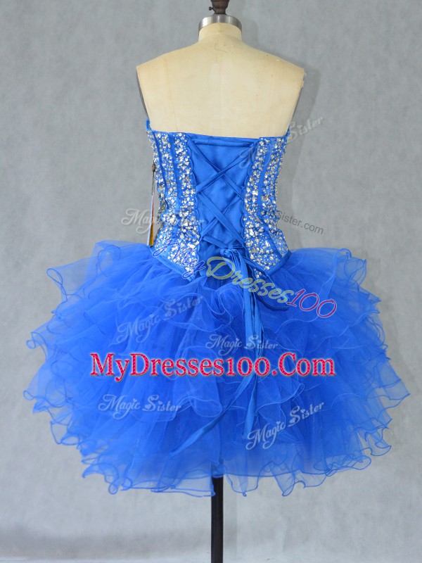 High Quality Blue Sleeveless Beading and Ruffles Mini Length Dress for Prom