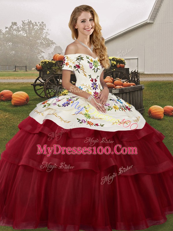Chic Embroidery and Ruffled Layers Quinceanera Gowns Wine Red Lace Up Sleeveless Brush Train