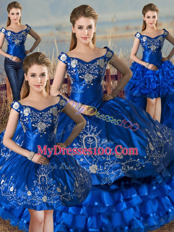 Unique Satin and Organza Off The Shoulder Sleeveless Lace Up Embroidery and Ruffled Layers Quinceanera Gown in Royal Blue