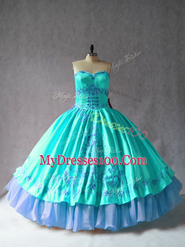Aqua Blue Ball Gowns Embroidery Quince Ball Gowns Lace Up Satin and Organza Sleeveless Floor Length