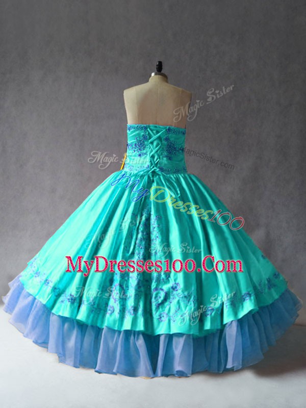 Aqua Blue Ball Gowns Embroidery Quince Ball Gowns Lace Up Satin and Organza Sleeveless Floor Length