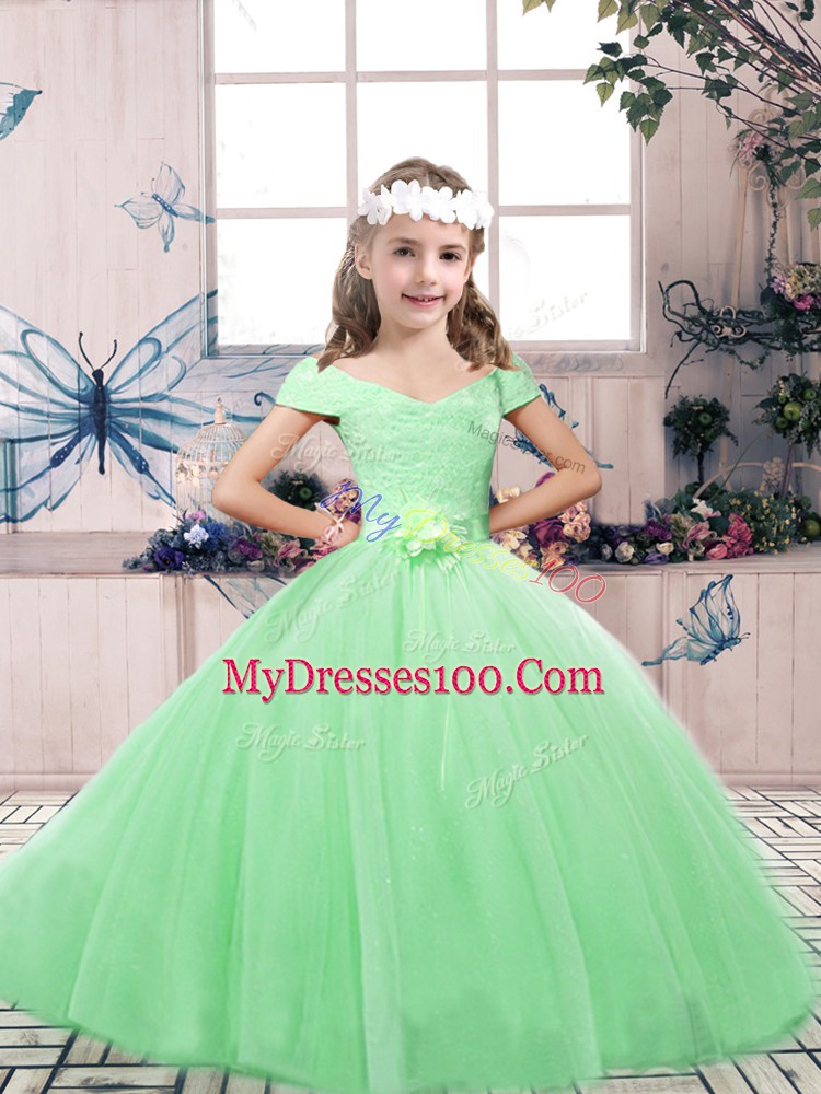 Ball Gowns Tulle Off The Shoulder Sleeveless Lace and Belt Floor Length Lace Up Girls Pageant Dresses
