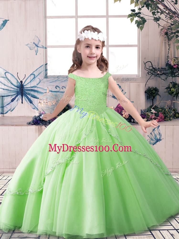 Customized Tulle Sleeveless Floor Length Kids Pageant Dress and Beading