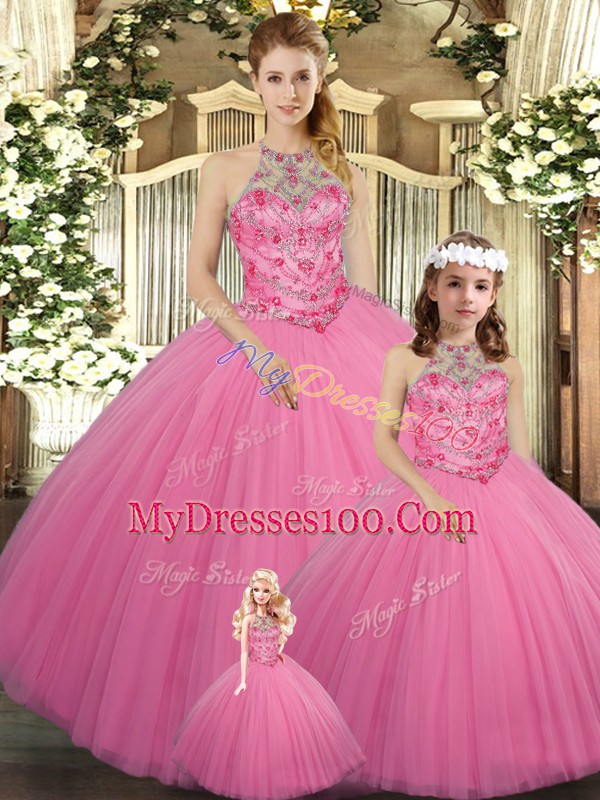 Super Beading 15th Birthday Dress Rose Pink Lace Up Sleeveless Floor Length