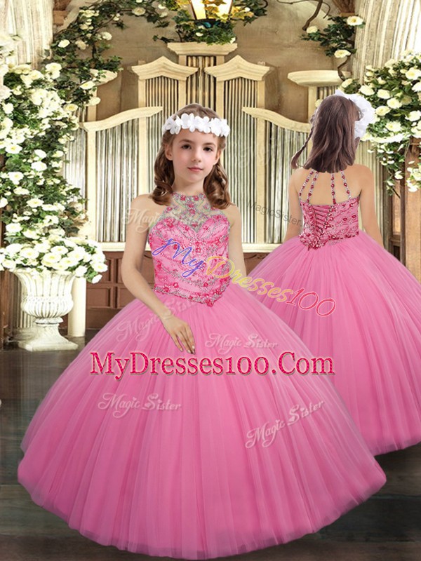 Super Beading 15th Birthday Dress Rose Pink Lace Up Sleeveless Floor Length