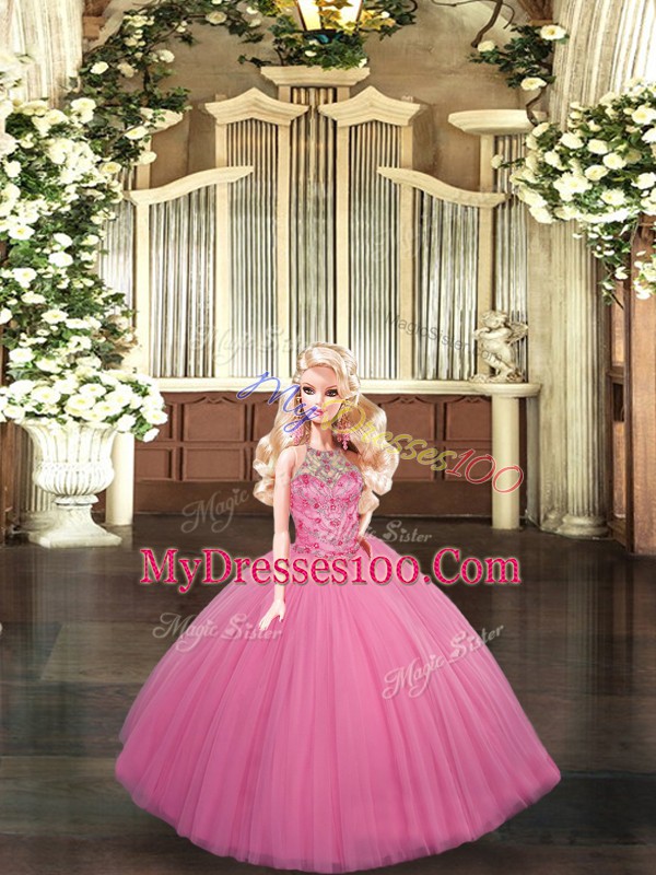 Super Beading 15th Birthday Dress Rose Pink Lace Up Sleeveless Floor Length