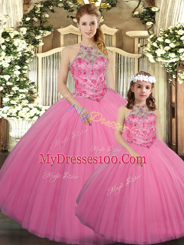 Super Beading 15th Birthday Dress Rose Pink Lace Up Sleeveless Floor Length