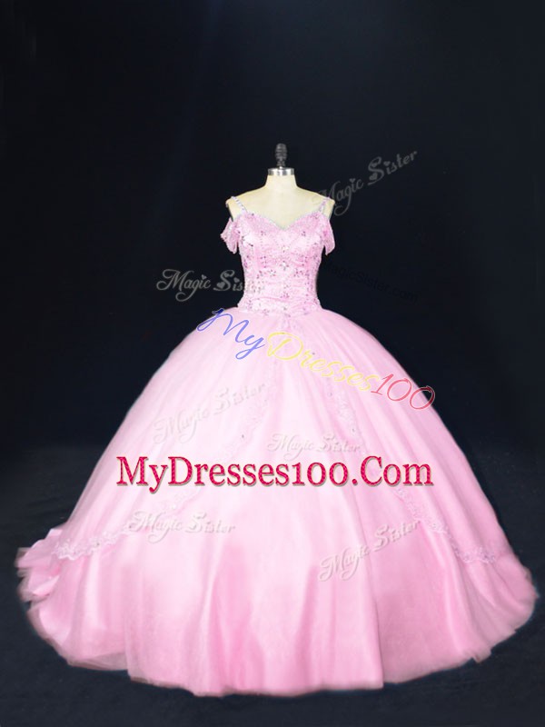 Elegant Baby Pink Quinceanera Gown Tulle Court Train Sleeveless Beading