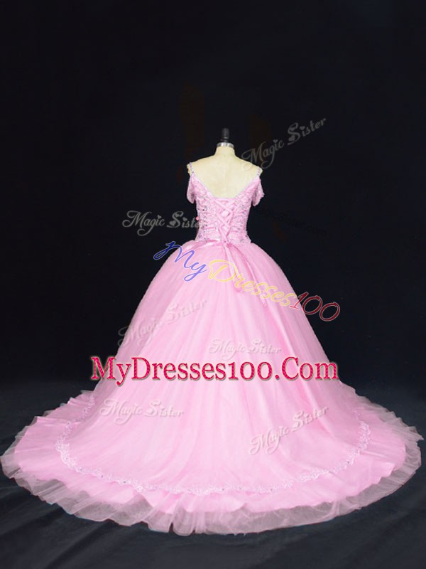 Elegant Baby Pink Quinceanera Gown Tulle Court Train Sleeveless Beading
