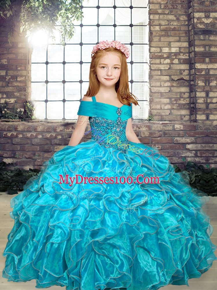 Admirable Floor Length Lace Up Little Girls Pageant Dress Wholesale Aqua Blue for Party and Military Ball and Wedding Party with Beading