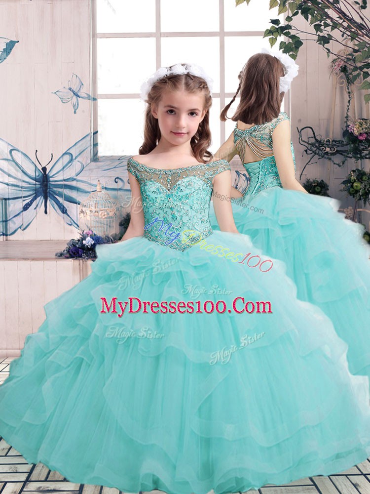 Sleeveless Lace Up Floor Length Beading Pageant Gowns For Girls