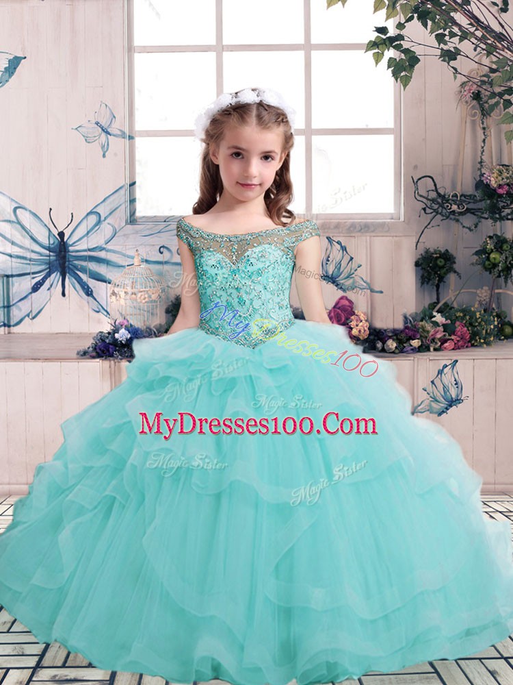 Sleeveless Lace Up Floor Length Beading Pageant Gowns For Girls