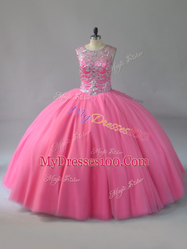 Sophisticated Scoop Sleeveless Lace Up Beading Ball Gown Prom Dress in Pink