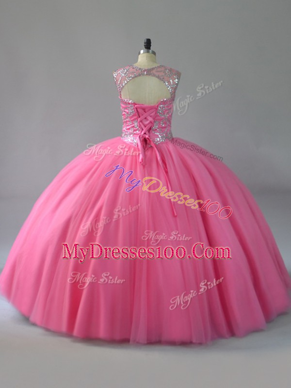 Sophisticated Scoop Sleeveless Lace Up Beading Ball Gown Prom Dress in Pink