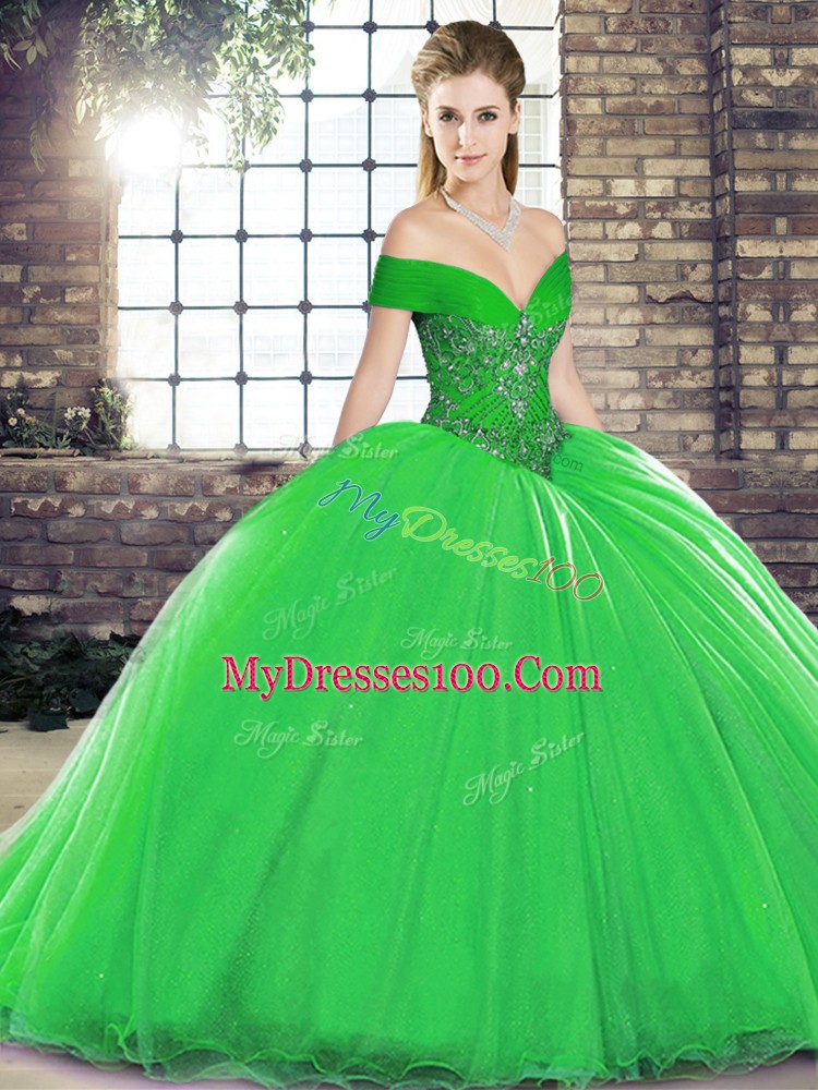 Admirable Green Lace Up 15th Birthday Dress Beading Sleeveless Brush Train