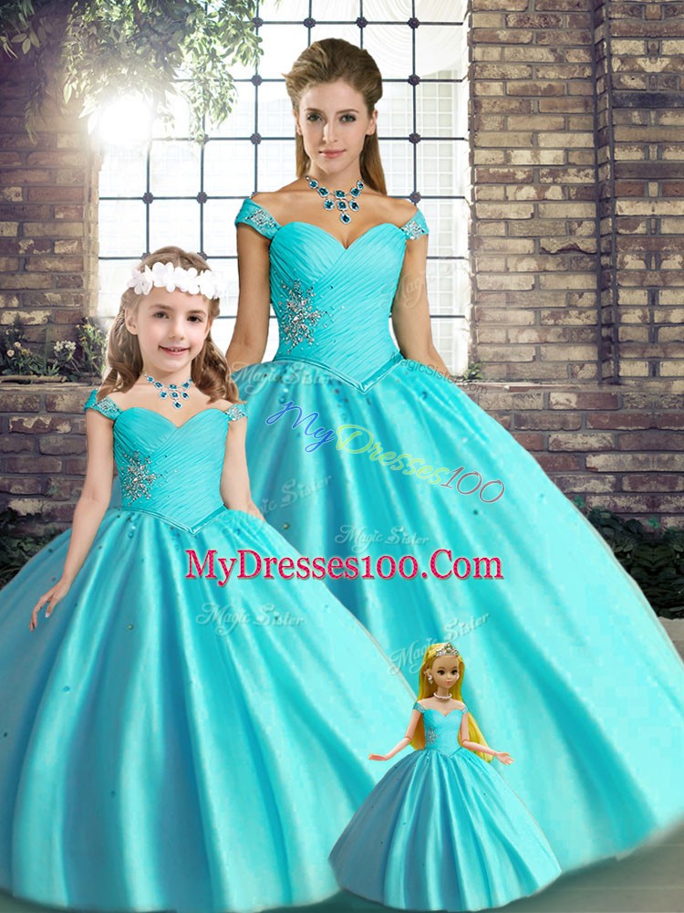 Floor Length Aqua Blue Quinceanera Gowns Off The Shoulder Sleeveless Lace Up