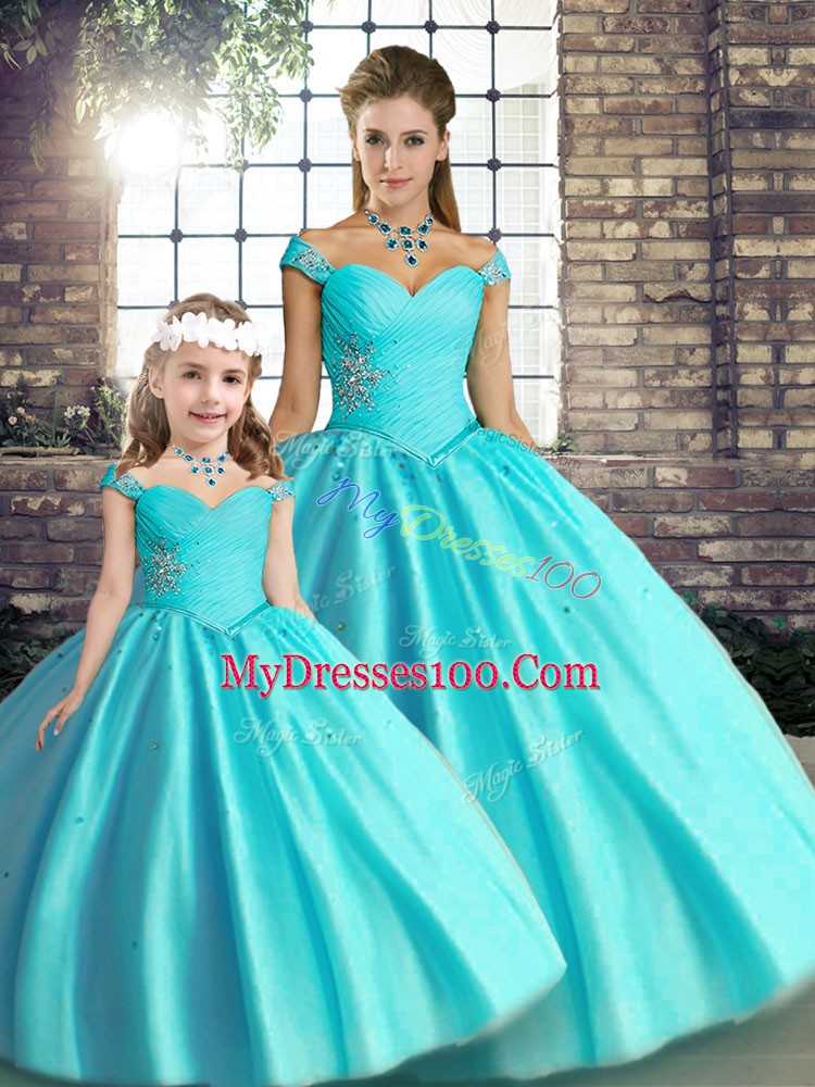 Floor Length Aqua Blue Quinceanera Gowns Off The Shoulder Sleeveless Lace Up