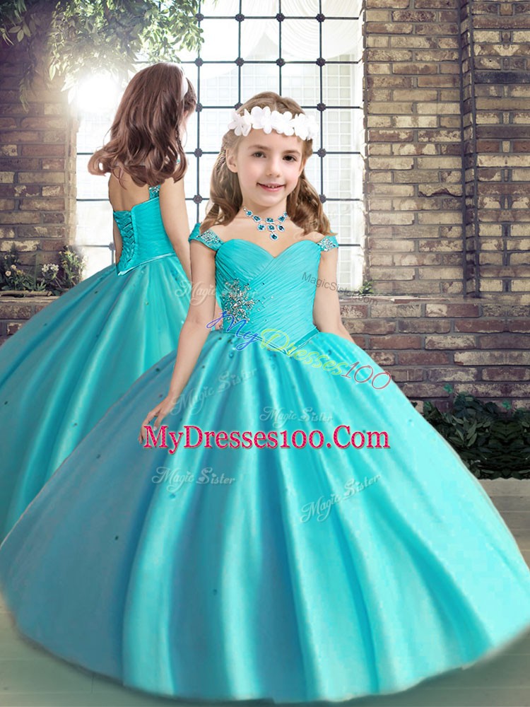 Floor Length Aqua Blue Quinceanera Gowns Off The Shoulder Sleeveless Lace Up