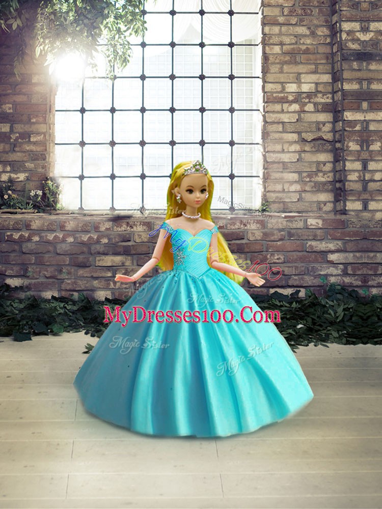 Floor Length Aqua Blue Quinceanera Gowns Off The Shoulder Sleeveless Lace Up