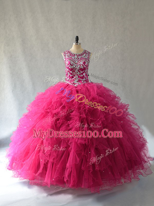 Hot Pink Ball Gowns Beading Vestidos de Quinceanera Lace Up Tulle Sleeveless
