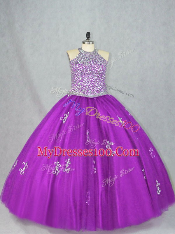 Ideal Purple Lace Up Halter Top Beading and Appliques Quinceanera Gown Tulle Sleeveless