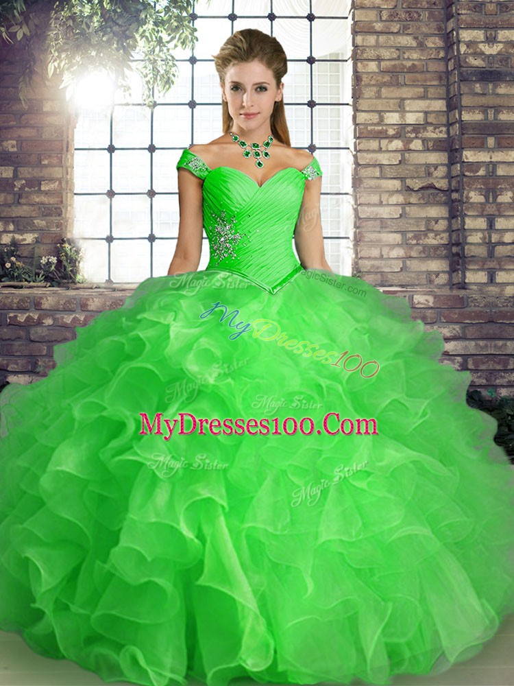 Floor Length Green Ball Gown Prom Dress Organza Sleeveless Beading and Ruffles