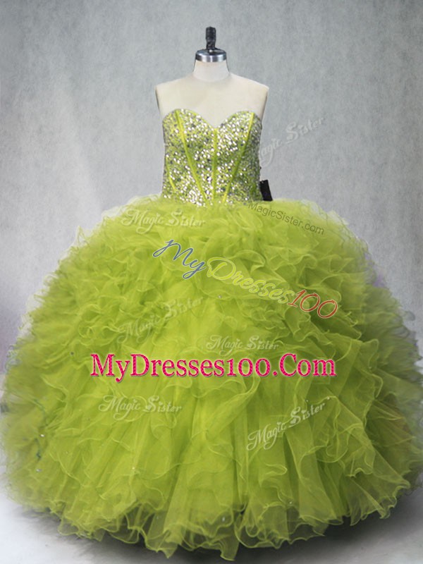 Tulle Sweetheart Sleeveless Lace Up Beading and Ruffles Ball Gown Prom Dress in Olive Green