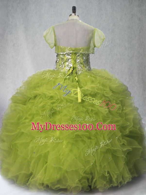 Tulle Sweetheart Sleeveless Lace Up Beading and Ruffles Ball Gown Prom Dress in Olive Green