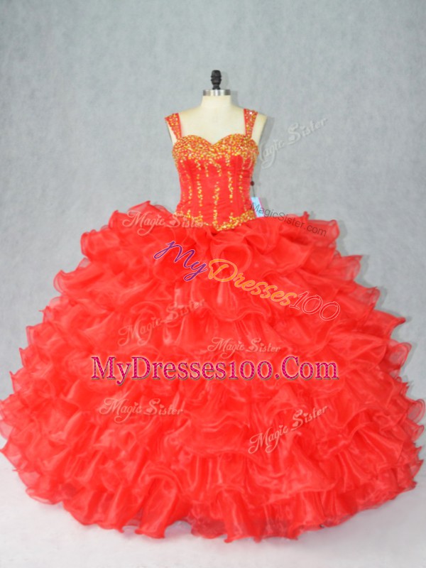 Red Sleeveless Beading and Ruffles Floor Length 15th Birthday Dress