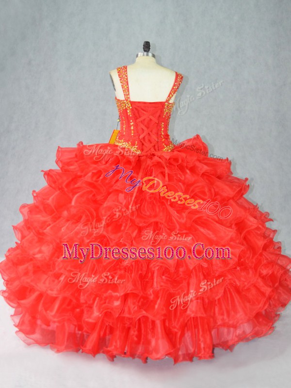 Red Sleeveless Beading and Ruffles Floor Length 15th Birthday Dress