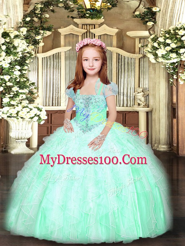 Straps Sleeveless Lace Up Pageant Dress for Womens Apple Green Tulle