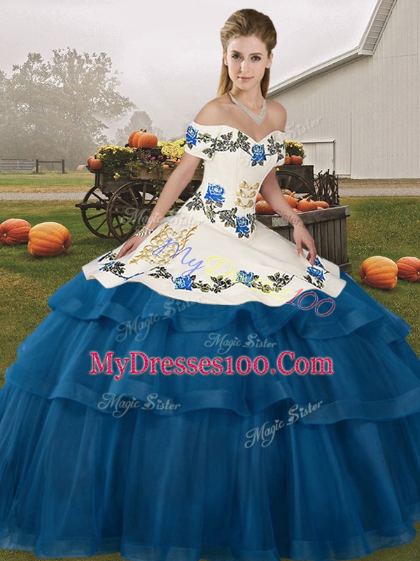 Blue Sleeveless Tulle Brush Train Lace Up Sweet 16 Dresses for Military Ball and Sweet 16 and Quinceanera