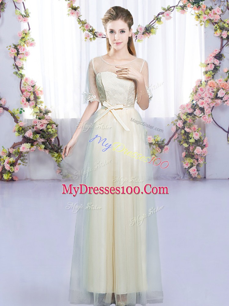 Scoop Half Sleeves Lace Up Wedding Party Dress Champagne Tulle