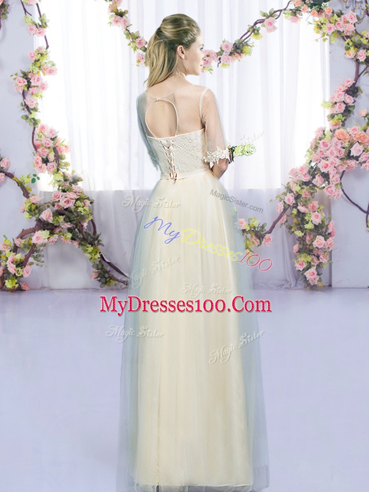 Scoop Half Sleeves Lace Up Wedding Party Dress Champagne Tulle