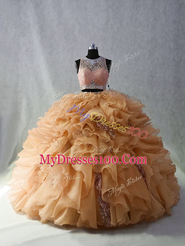 Fashion Sleeveless Organza Brush Train Zipper Sweet 16 Quinceanera Dress in Champagne with Beading and Ruffles and Sequins