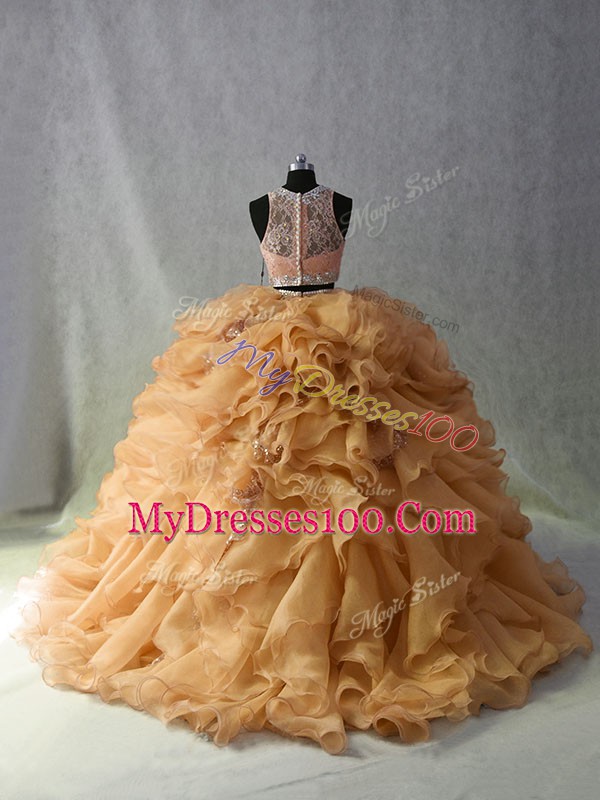 Fashion Sleeveless Organza Brush Train Zipper Sweet 16 Quinceanera Dress in Champagne with Beading and Ruffles and Sequins