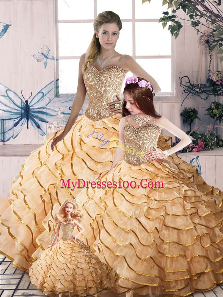 Attractive Sleeveless Beading and Ruffled Layers Lace Up Quinceanera Gowns with Champagne Brush Train