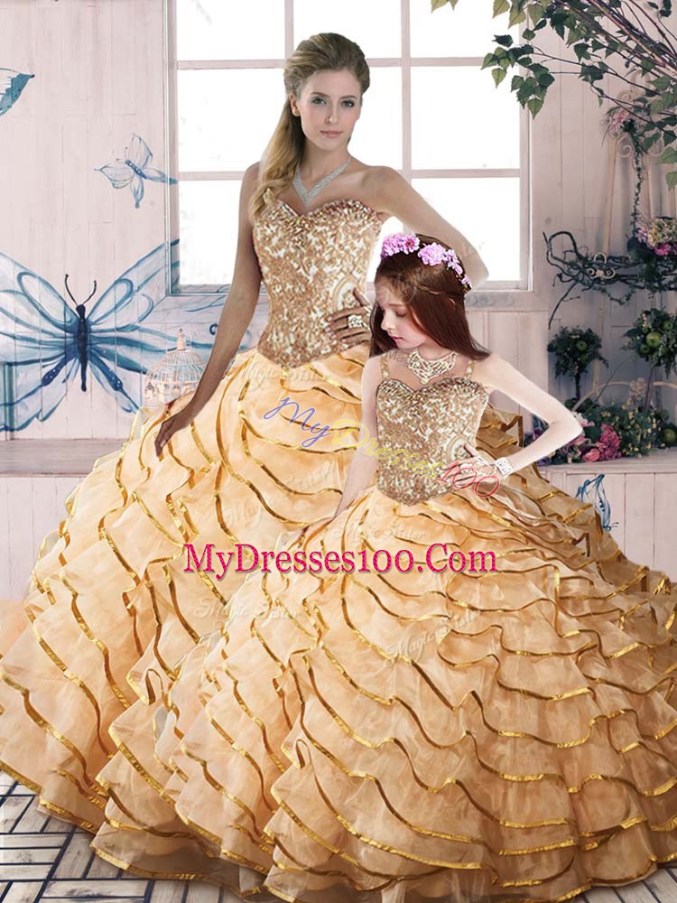 Attractive Sleeveless Beading and Ruffled Layers Lace Up Quinceanera Gowns with Champagne Brush Train