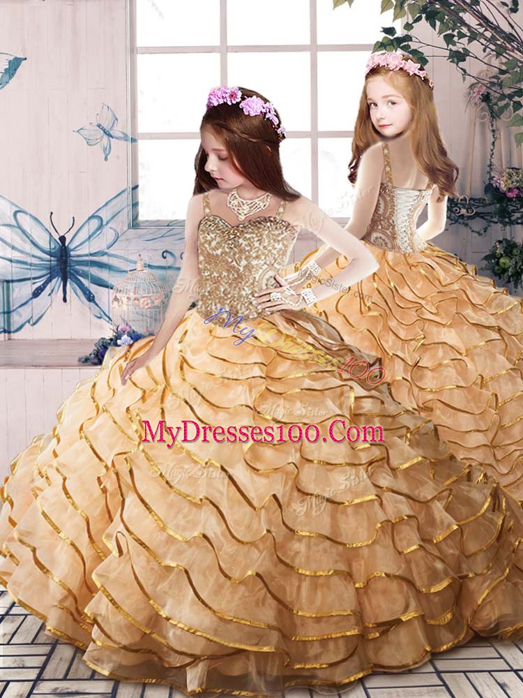Attractive Sleeveless Beading and Ruffled Layers Lace Up Quinceanera Gowns with Champagne Brush Train