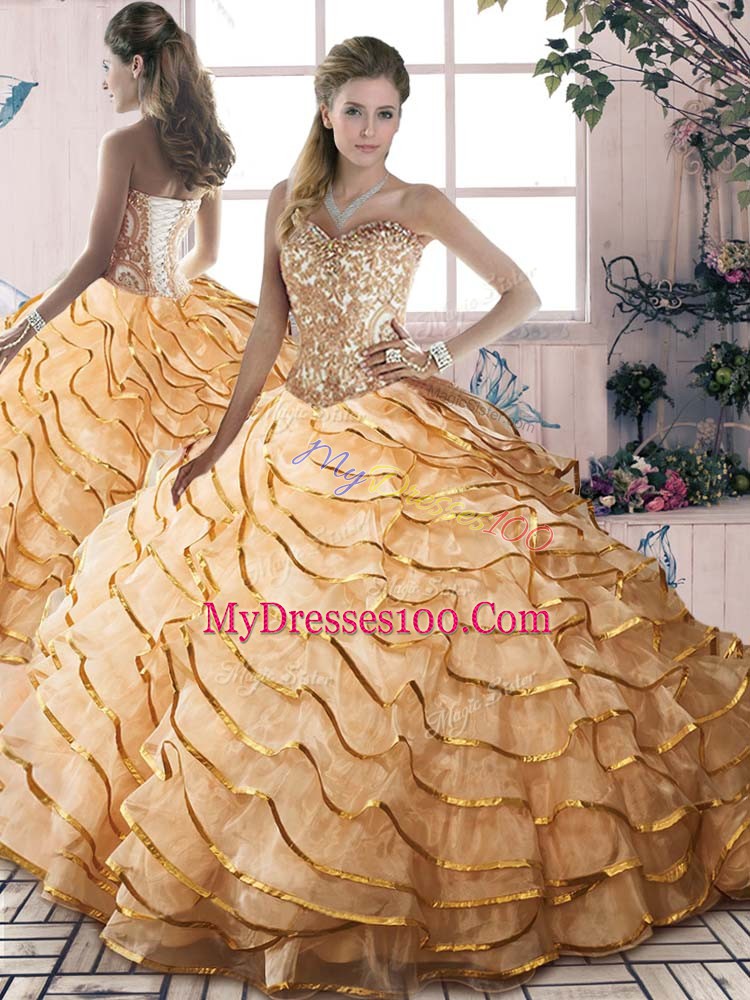 Attractive Sleeveless Beading and Ruffled Layers Lace Up Quinceanera Gowns with Champagne Brush Train